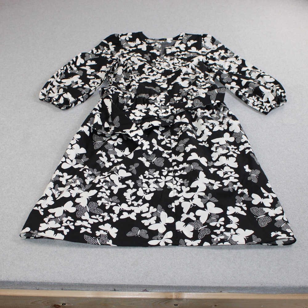 Talbots Dress Women 8 Petite Black Butterfly Print 3/4 Sleeve Belted Cotton Twee